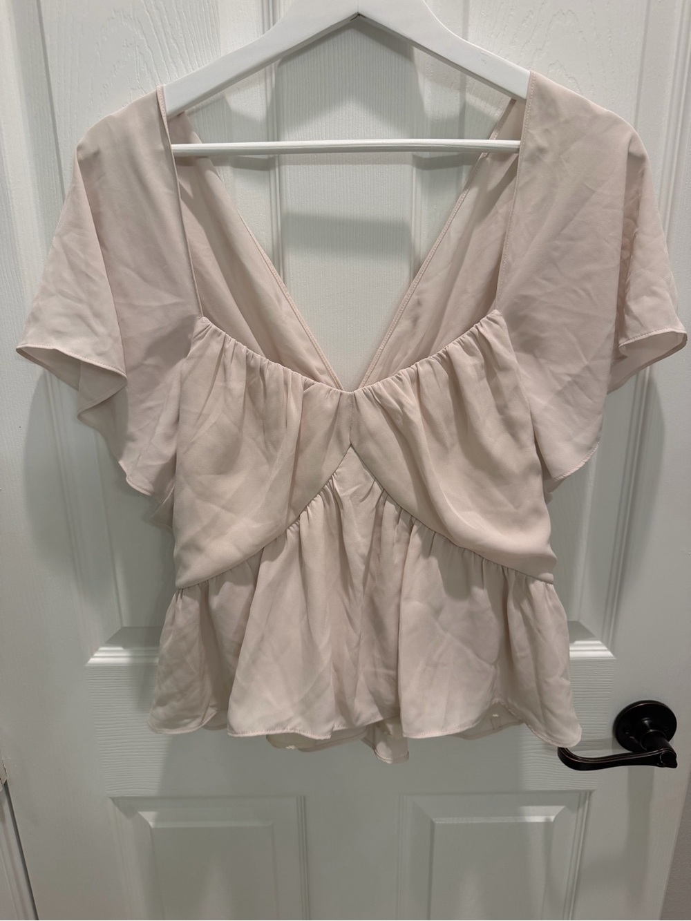 Express Beige Flutter Sleeve Peplum Blouse Smocked V-Neck Top Size XL